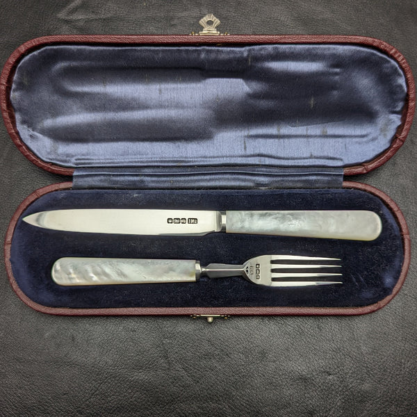 1915 British antique fruit cutlery set sterling silver blade white butterfly shell handle in box①